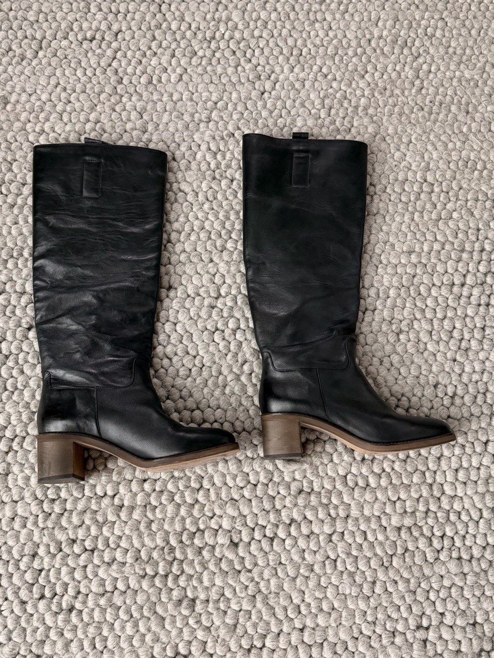Free People Black Leather Knee High Block Heel Boots